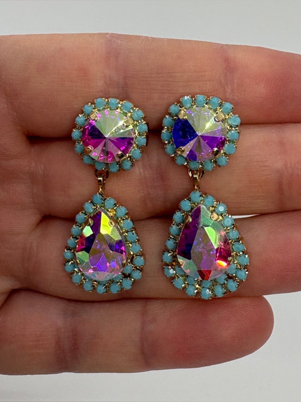 Aurora Crystal Teardrop Drop Earrings with Turquoise Accents, Brand New